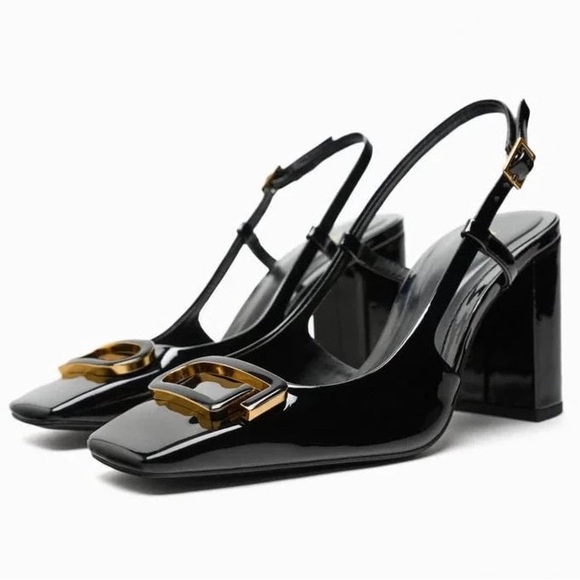 Zara Black Patent Leather Heels with Gold Buckle - Picture 1 of 4